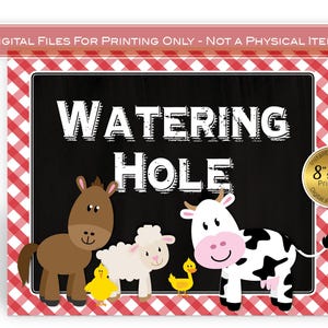 Barnyard Farm Animals Birthday | Watering Hole Table Sign | 8 x 10 | Faux Chalkboard | Red Yellow | Digital Printable | INSTANT DOWNLOAD
