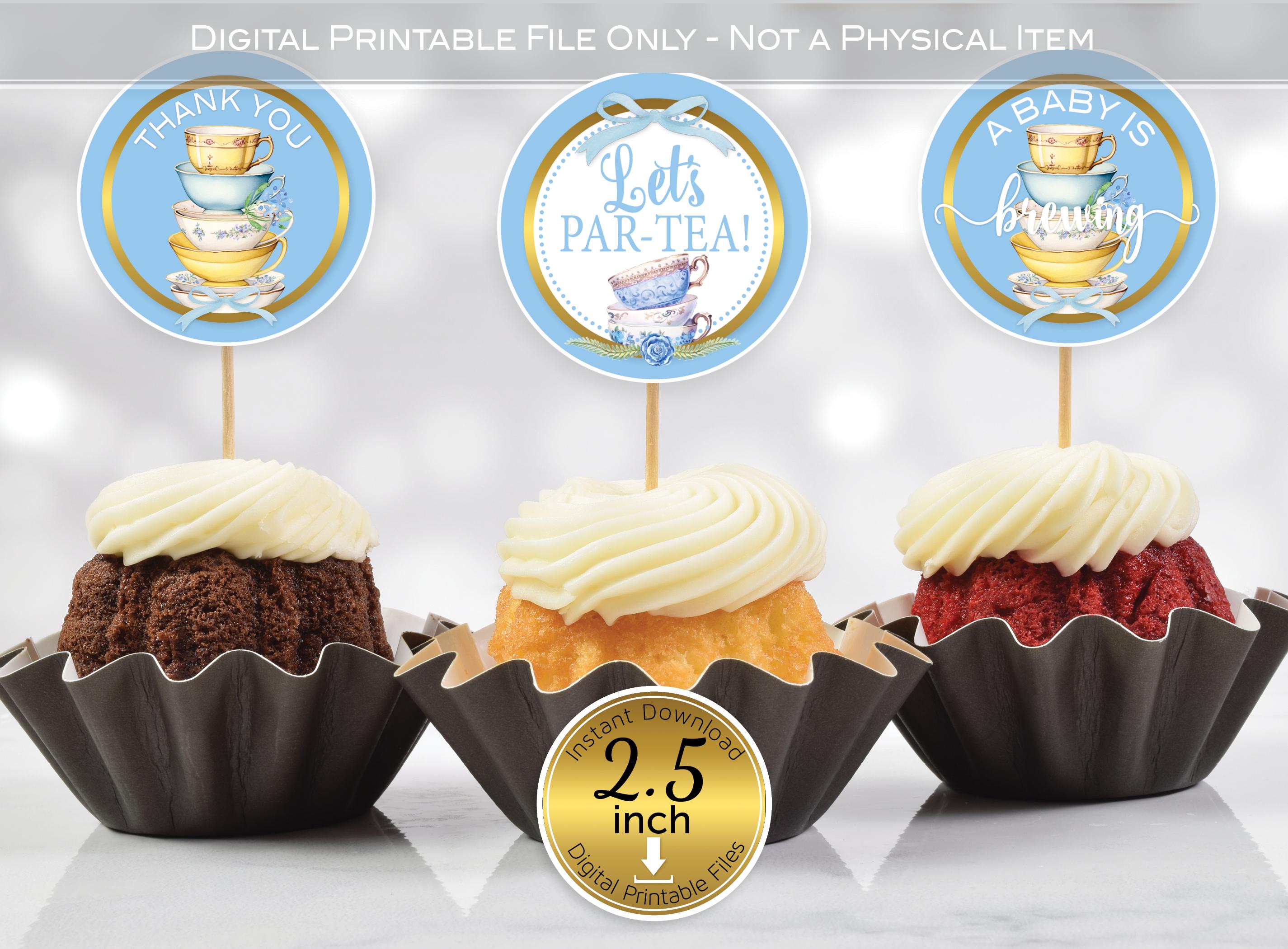 Tea Party Baby Shower Round Cupcake Toppers Blue and