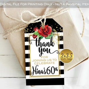 Thank You Favor Tags for Birthday | Personalized | 2x3.5 | Black White Stripes | Red Roses | Birthday Favor Tags | DIGITAL PRINTABLE FILES