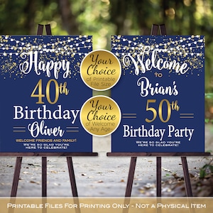 Birthday Welcome Sign Printable | Navy | Garland Lights | Gold Confetti | 40th 50th 60th or Any Age | Personalized | DIGITAL PRINTABLE FILES