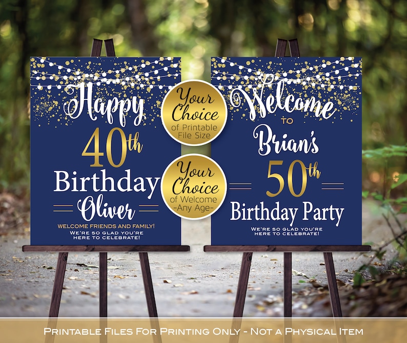 Birthday Welcome Sign Printable Navy Garland Lights Gold - Etsy