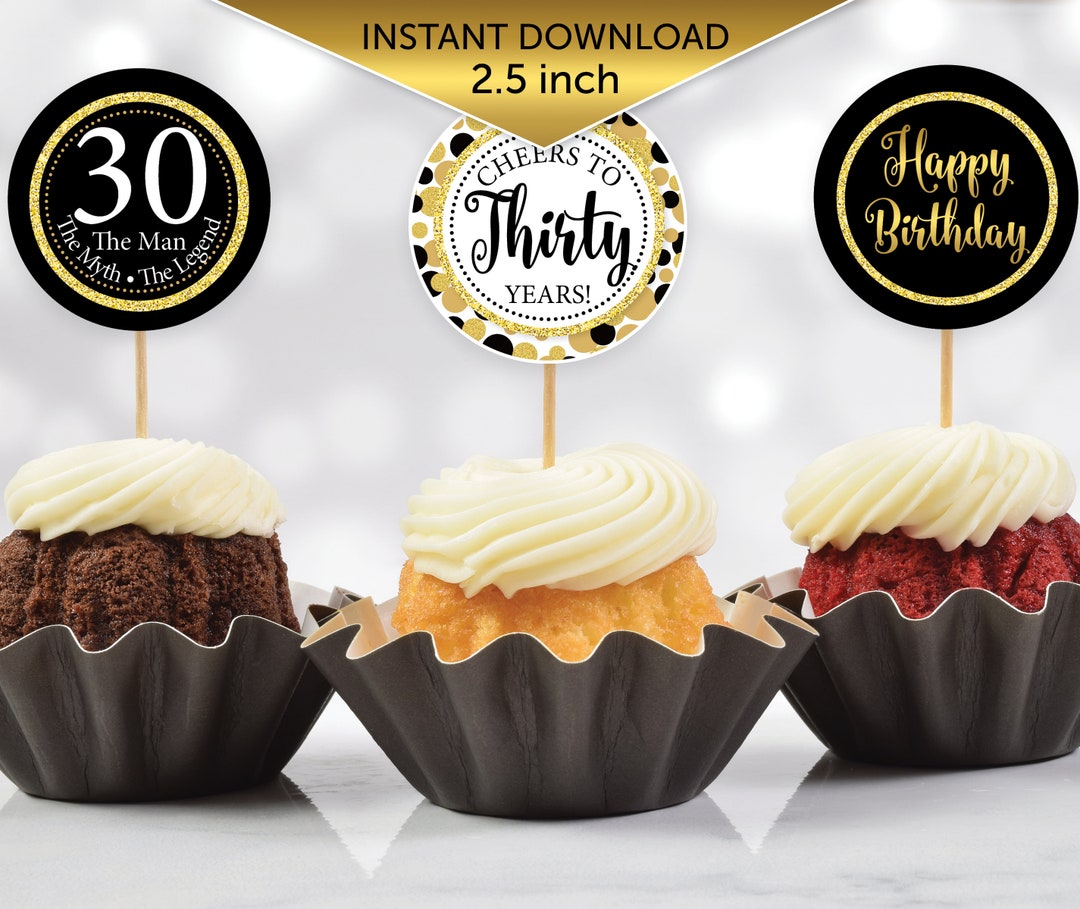 His Round Cupcake Toppers | 30th Birthday | Digital Printable | 2.5 X 2 ...
