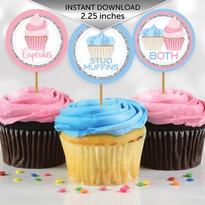 Twins Gender Reveal 2.25 Inches Cupcake Toppers | Cupcakes or Stud Muffins or Both | Pink Blue Silver | Digital Printable INSTANT DOWNLOAD