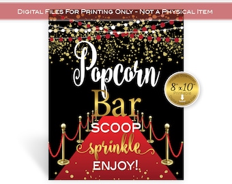 Popcorn Bar 8x10 Printable | 8x10 | Red Carpet | Gold Confetti Garland | Birthday | Hollywood Event | Graduation | Digital INSTANT DOWNLOAD