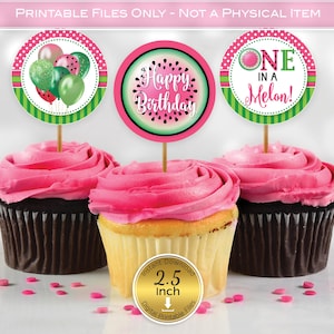 Watermelon 1st Birthday Cupcake Toppers | 2.5 Inch Round | One in a Melon | Pink and Green | Sticker | Print-Ready DIGITAL INSTANT DOWNLOAD