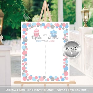 Puede incluir: Un cartel de fiesta de revelación de género con un borde de confeti rosa y azul. El cartel dice "Cupcake o Stud Muffin Cast Your Vote" con un cupcake y un muffin gráfico. El cartel mide 40,6 cm por 50,8 cm y es imprimible.
