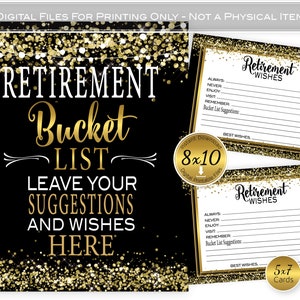 Retirement Bucket List 8x10 Printable Table Sign and Cards | Well WIshes | Faux Gold Confetti | Black | Digital Printable | INSTANT DOWNLOAD