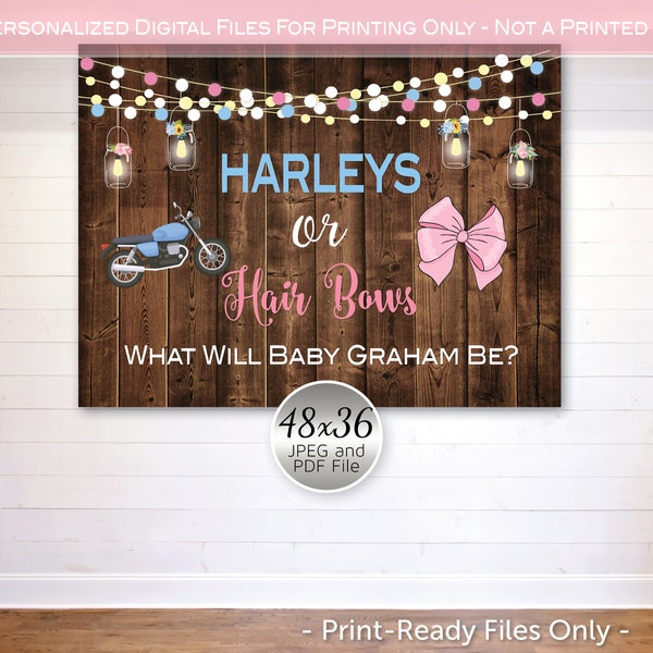 Harleys or Hair Bows Gender Reveal Backdrop 48"x36" or 36"x24" File | Pink Blue | Faux Rustic Wood | Personalized DIGITAL Printable PDF File