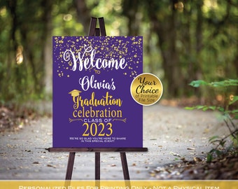 Graduation Celebration Party Personalized Welcome Sign Printable | Purple Yellow with Gold | Any Class of | DIGITAL PRINTABLE FILES