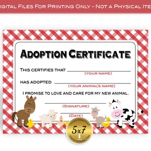 Adopt an Animal Adoption Certificate | Barnyard Farm Animals Birthday | 5x7 | Red Gingham | Digital Printable | INSTANT DOWNLOAD
