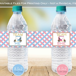 Golf Theme Team He or Team She Gender Reveal Water Bottle Printable Labels | 8.5" x 2" | Pink Blue Gold | Digital INSTANT DOWNLOAD