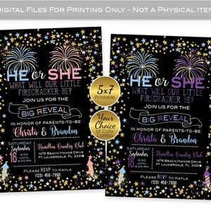 Fireworks Gender Reveal 5x7 Printable Invitation | He or She? | Personalized | Midnight Twinkle | Pink Blue Gold | PRINTABLE DIGITAL File