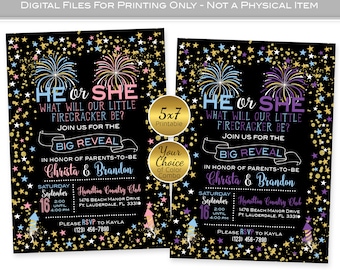 Fireworks Gender Reveal 5x7 Personalized Invitation | He or She? | Twinkle Pink Blue Gold on Black | PRINTABLE DIGITAL File
