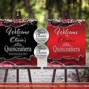 Quinceañera Welcome Sign Printables | Red Agate and Silver Confetti | Girl&#39;s 15th Birthday | Personalized | DIGITAL PRINTABLE FILES