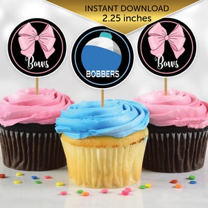 Bobbers or Bows Gender Reveal Cupcake Toppers 2.25 Inches Round | Pink Bow Blue Bobber | Boy or Girl | Digital Printable INSTANT DOWNLOAD