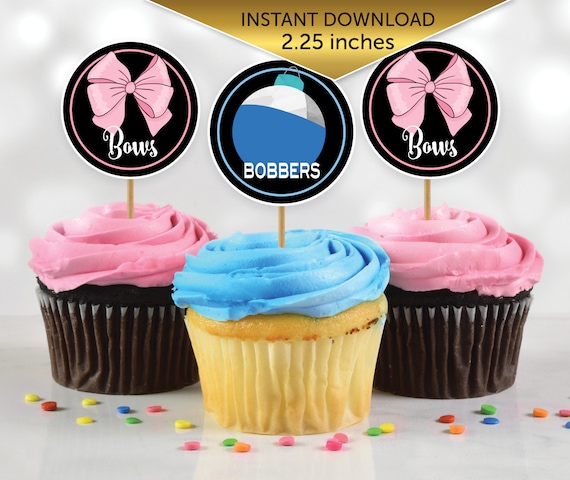 Bobbers or Bows Gender Reveal Cupcake Toppers 2.25 Inches Round