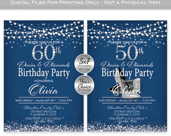Denim and Diamonds Birthday 5x7 Printable Invitation | Navy Silver | 40th 50th 60th | Any Age | Personalized DIGITAL FILES