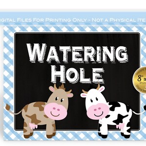 Cow Farm Animals Birthday | Watering Hole Table 8 x 10 Drinks Table Sign | Blue Gingham | Digital Printable | INSTANT DOWNLOAD