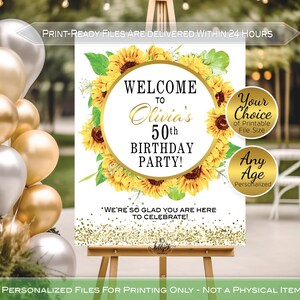 Sunflower Birthday Welcome Sign Printable | Gold Confetti Glitter | Yellow Green | Gold Confetti | Personalized | DIGITAL PRINTABLE File