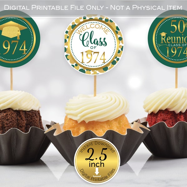 Round Cupcake Toppers | 50th Reunion Class of 1974 | 2.5 inches | Green Gold | Faux Gold Glitter | Digital INSTANT DOWNLOAD