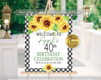 Sunflower Birthday Welcome Sign: Black Gingham Border, Personalized (Printable Digital Files)