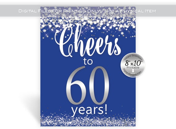 60th Birthday Anniversary Sign: Royal Blue Faux Silver Confetti