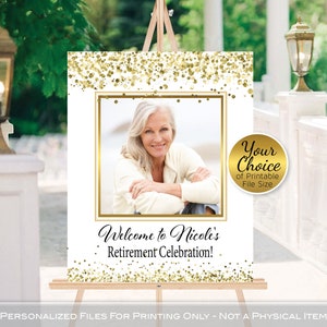 Retirement Welcome Sign | Garland Lights Gold Confetti on White | With Photo | Personalized | PRINTABLE DIGITAL File