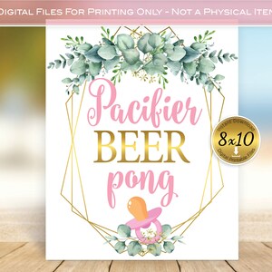 Baby Pacifier Beer Pong Game 8x10 Sign for Baby Shower | Pink with Gold Geometric Shapes and Eucalyptus Branches | DIGITAL INSTANT DOWNLOAD