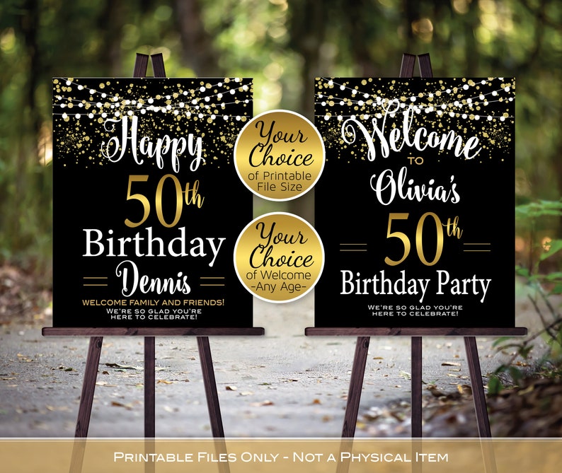 Birthday Welcome Sign Printable | Garland Lights Gold Confetti on Black | 40th 50th 60th | Any Age | Personalized | DIGITAL PRINTABLE FILES 