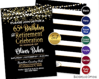 Retirement and Birthday Celebration Party Invitation | 5x7 | Personalized | Gold Confetti and Garland on Black | DIGITAL PRINTABLE FILES