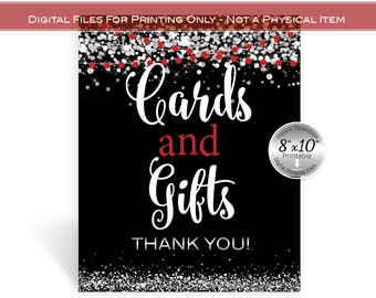 Cards and Gifts 8x10 Printable Sign | Red Black SIlver | Confetti and Garland | Birthday | Anniversary | Wedding | Digital INSTANT DOWNLOAD