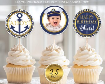 Little Captain's Nautical Birthday Cupcake Toppers Personalized with Photo | Navy Gold (Printable Digital Files)