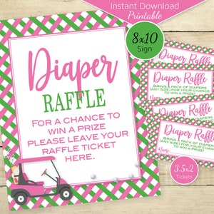 Golf Theme Diaper Raffle Tickets and 8x10 Table Sign | Girl's Baby Shower | Pink and Green | Golf Cart | Printable INSTANT DOWNLOAD