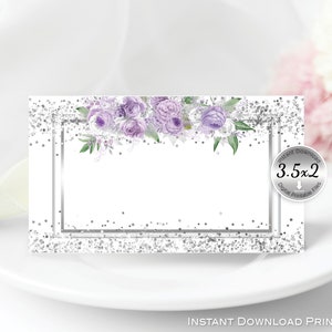 Name Place Cards Tent-Folding 3.5x2 | Lavender Floral | Faux Silver Glitter Confetti | Non-Editable | Print-Ready | INSTANT DIGITAL DOWNLOAD