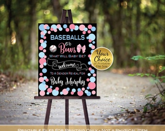 Baseballs or Bows Gender Reveal Welcome Sign Printables | Pink and Blue on Black | Personalized | PRINTABLE DIGITAL FILES