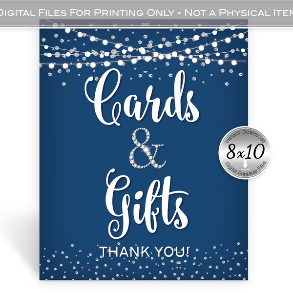 Cards and Gifts Denim and Diamonds Printable 8x10 Sign | Navy Blue | Silver Confetti | Birthday | Bridal Shower | Digital INSTANT DOWNLOAD