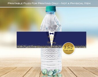 Tuxedo Man's Birthday Water Bottle Label Wrap | Personalized | Gold Confetti and Garland on Navy | Faux Glitter | DIGITAL PRINTABLE FILES