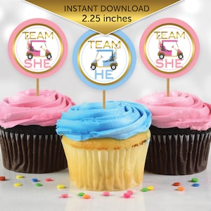 Gender Reveal Cupcake Toppers | Golf Theme Team He Team She | 2.25 Inches | Baby Blue Pink Gold | Digital Printable INSTANT DOWNLOAD