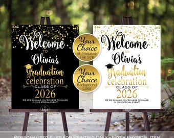 Personalized Graduation Welcome Sign: Gold Confetti on Black or White (Digital Printable)