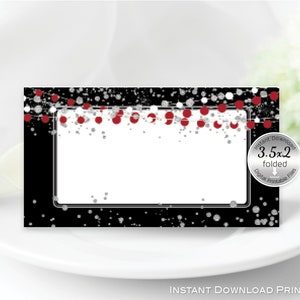 Name Place Cards Tent-Folding 3.5x2 | Black Red Silver | Faux Silver Glitter | Non-Editable | Print-Ready | INSTANT DIGITAL DOWNLOAD