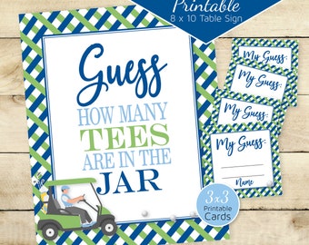 Golf Theme Guess How Many Tees Game 8x10 Printable Table Sign | Navy Green Yellow | Golf Birthday | Digital Printable | INSTANT DOWNLOAD