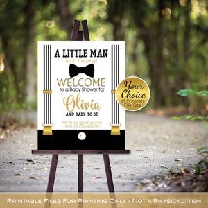 Little Man Baby Shower Welcome Sign Printable | Bow Tie | Black and Faux Glitter Gold | Suspenders | Personalized | PRINTABLE DIGITAL File