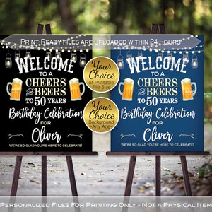 Cheers and Beers Man's Birthday Welcome | Garland Lights | Lanterns | on Black | 40th 50th Any Age | Personalized | DIGITAL PRINTABLE FILES