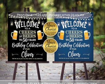 Cheers and Beers Birthday Welcome Sign on Black or Blue: Personalized Printable (Digital Files)