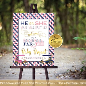 Golf Theme Gender Reveal Printable Welcome Sign | He or She | Blush Pink Navy and Gold on White | Personalized PRINTABLE DIGITAL Files