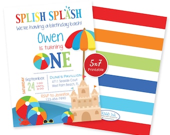 Beach Party 1st Birthday Invitation | Splish Splash Beach Bash | ONE | Red Blue Orange Green Yellow | 5x7 2-Sided | Printable DIGITAL FILES