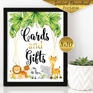 Jungle Safari Animals Cards and Gifts 8x10 Printable Sign | Baby Shower | Birthday | Gold Geometrics | Greenery | Digital INSTANT DOWNLOAD