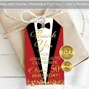 Tuxedo Thank You Favor Tags for Man's Birthday | Personalized Printable | 2x3.5 | Red Black Gold | DIGITAL PRINTABLE FILES