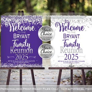 Family Reunion Personalized Welcome Sign Printable File | Silver Confetti on White or Purple | Any Year | DIGITAL PRINTABLE FILES