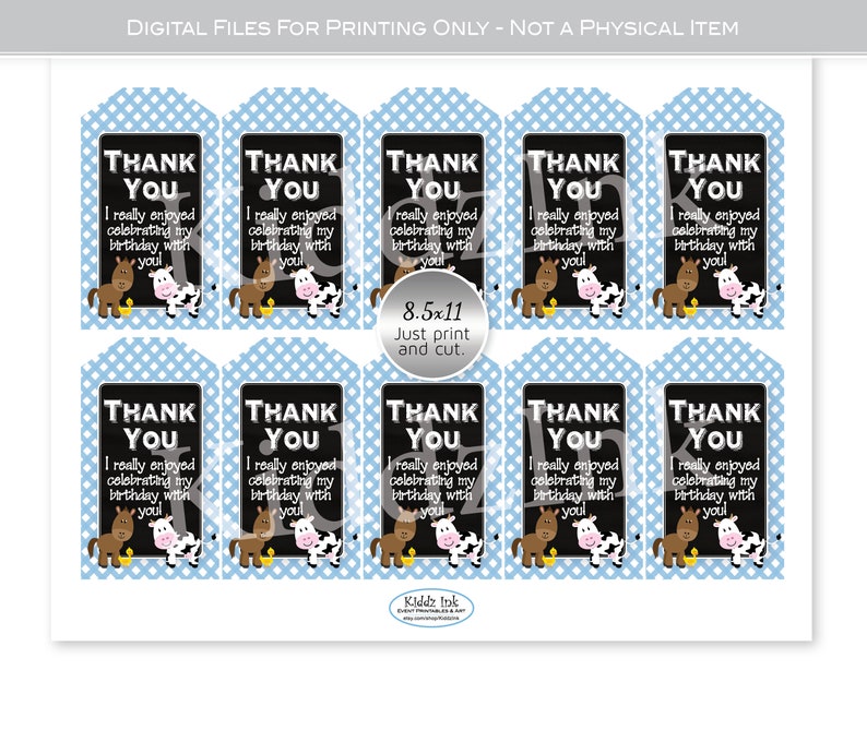 Farm Animals Party Favor Thank You Tags for Birthday | Barnyard | Blue ...